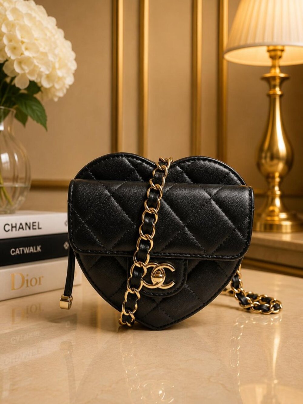 Authentic Chanel Heart Coin Purse Black Quilted Leather Mini Chain Bag